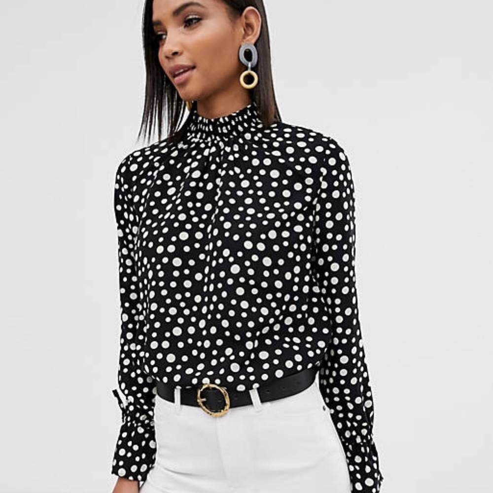 Y.A.S | Womens Blouse Mock Neck Polka Dot Long Sleeves Tie Classic Black White M
